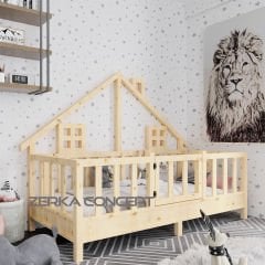 Pina İthal Ladin Doğal Ahşap Çatılı Montessori Karyola Ölçü Seçenekli