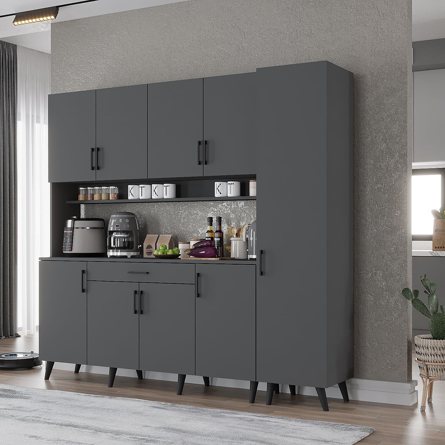 Zenit Kahve Köşesi Çok Amaçlı Dolap Kiler Mutfak Dolabı Füme Ücretsiz Kurulum Ölçü Seçenekli