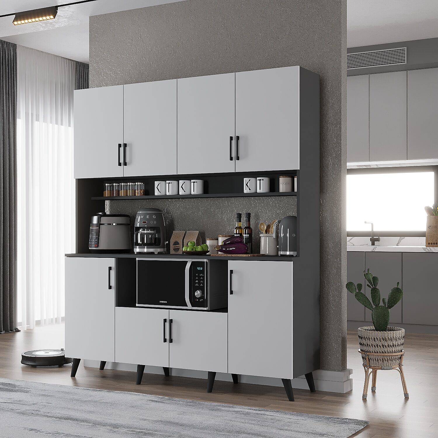 Nora Kahve Köşesi Çok Amaçlı Dolap Kiler Mutfak Dolabı Füme Beyaz Ücretsiz Kurulum Ölçü Seçenekli