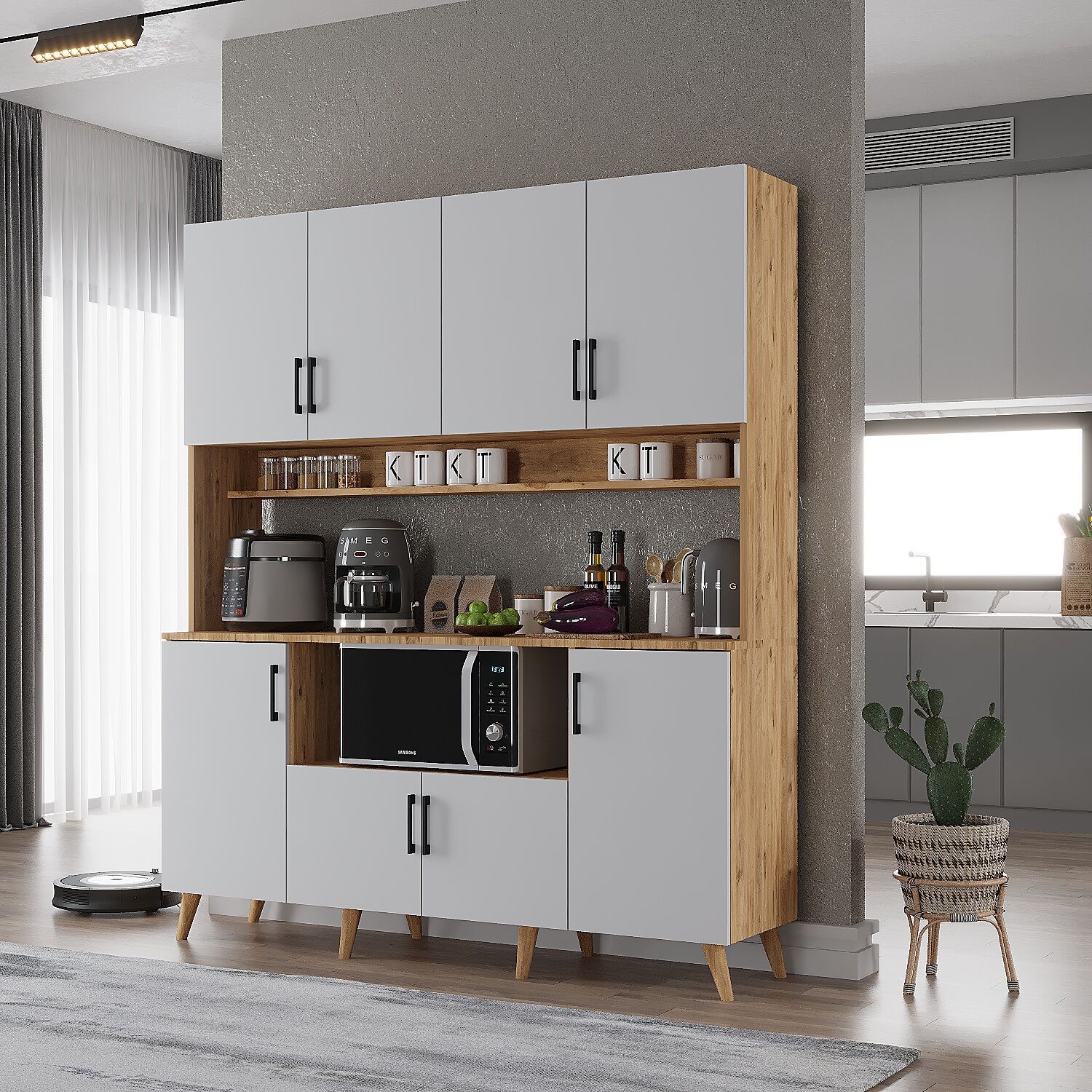 Nora Kahve Köşesi Çok Amaçlı Dolap Kiler Mutfak Dolabı Çam Beyaz Ücretsiz Kurulum Ölçü Seçenekli