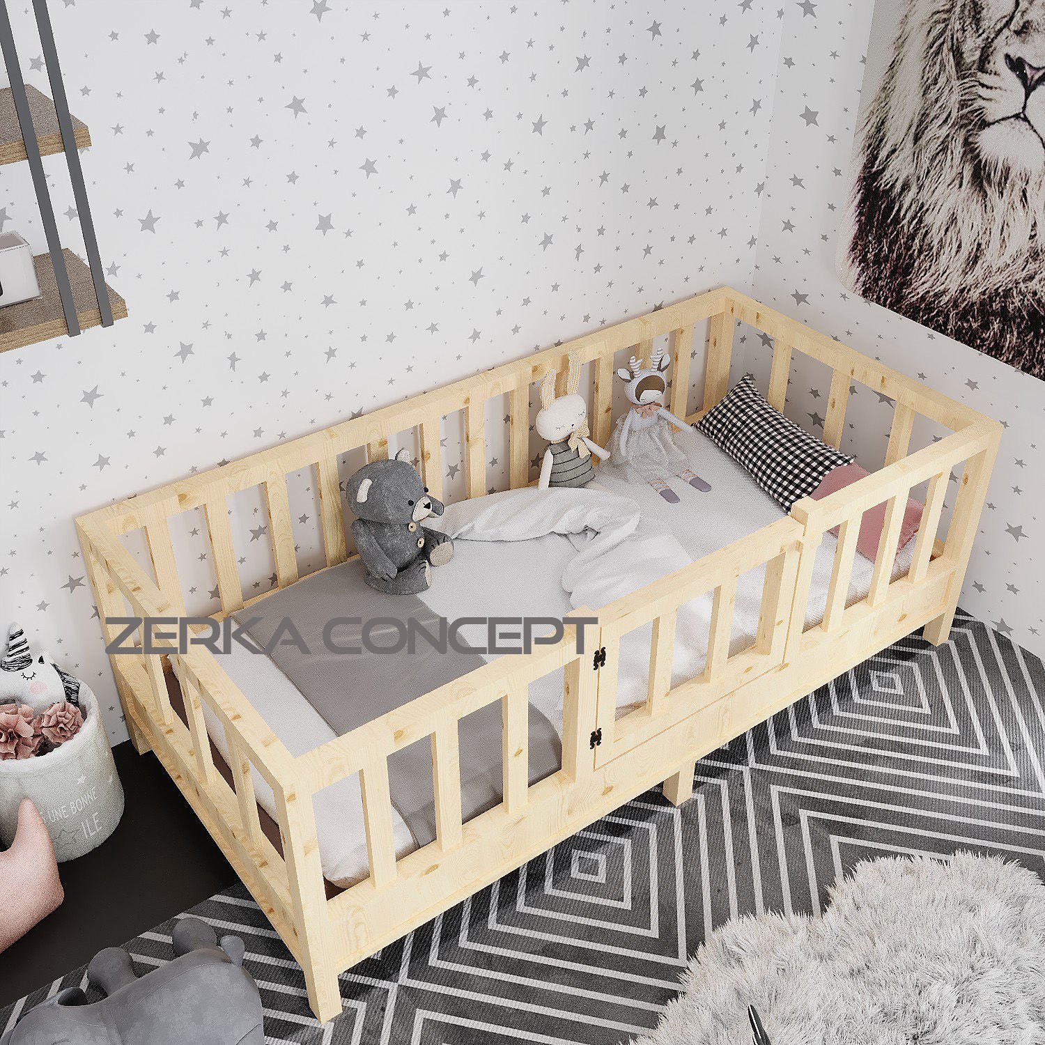 Polo İthal Ladin Doğal Ahşap Çatılı Montessori Karyola Ölçü Seçenekli