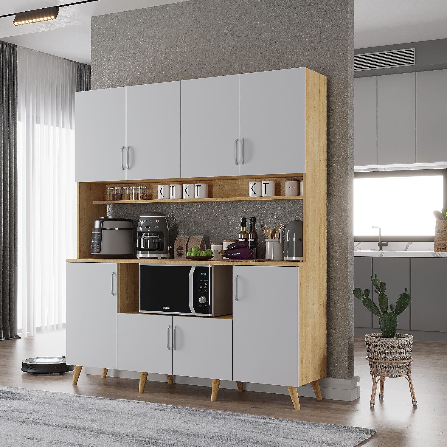 Nora Kahve Köşesi Çok Amaçlı Dolap Kiler Mutfak Dolabı Meşe Beyaz Ücretsiz Kurulum Ölçü Seçenekli