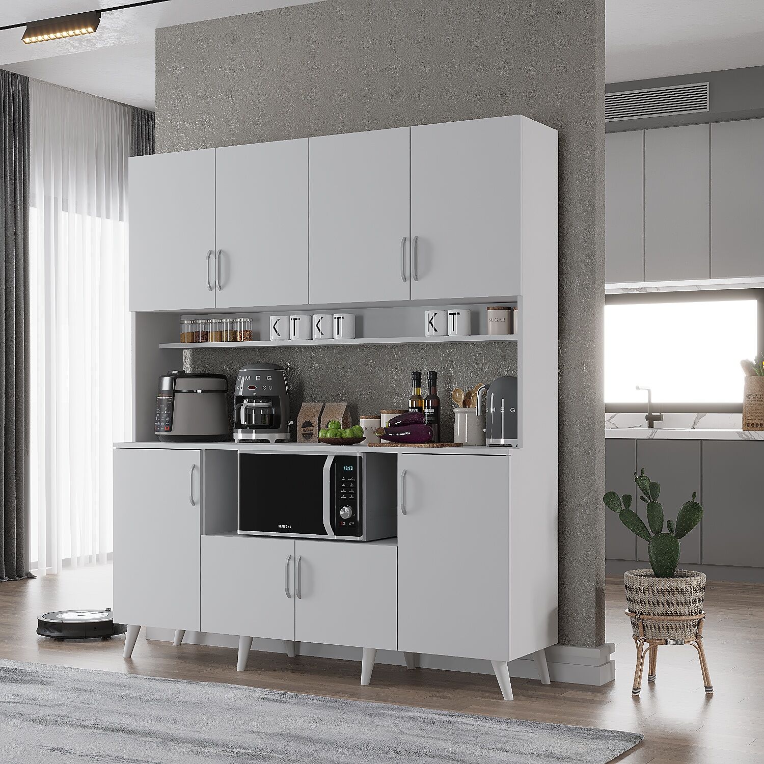 Nora Kahve Köşesi Çok Amaçlı Dolap Kiler Mutfak Dolabı Beyaz Ücretsiz Kurulum Ölçü Seçenekli