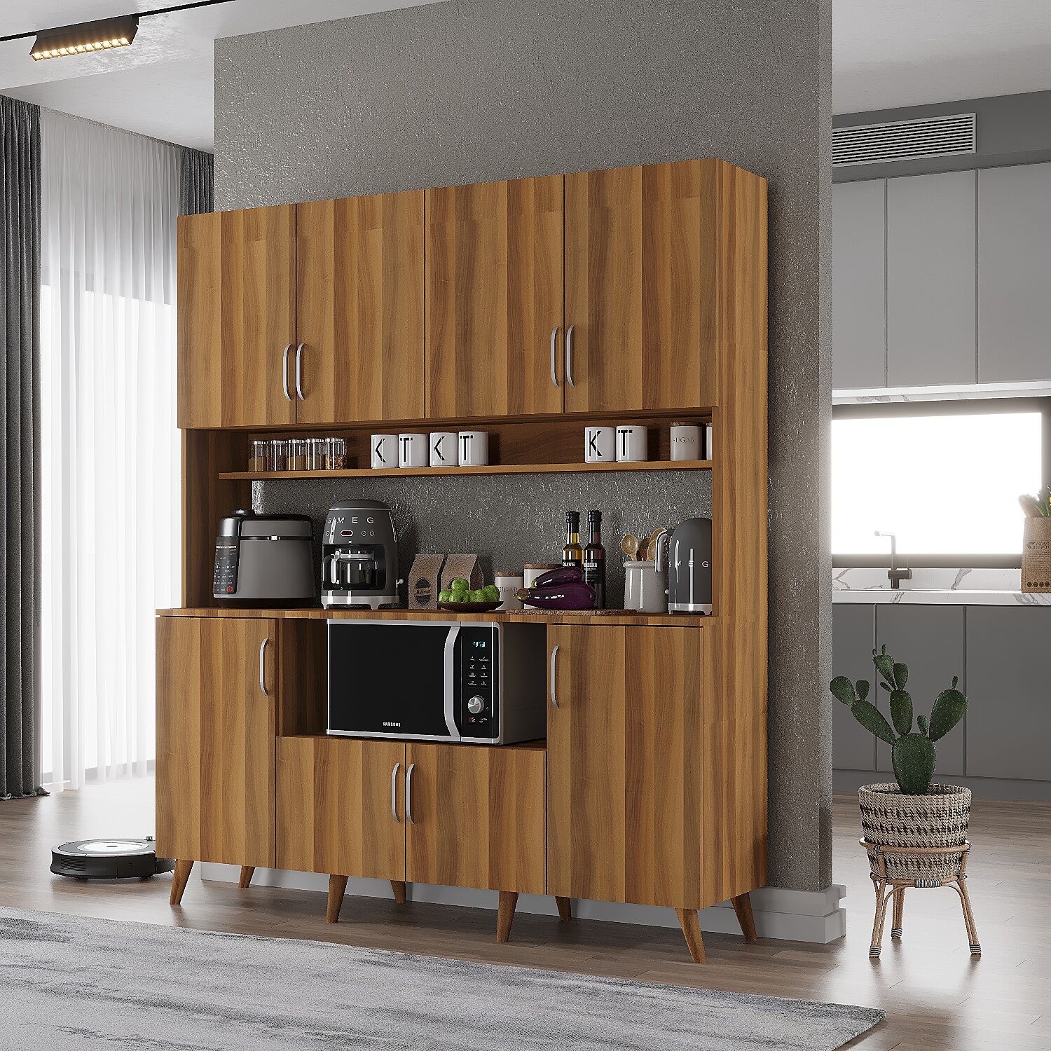 Nora Kahve Köşesi Çok Amaçlı Dolap Kiler Mutfak Dolabı Ceviz Ücretsiz Kurulum Ölçü Seçenekli