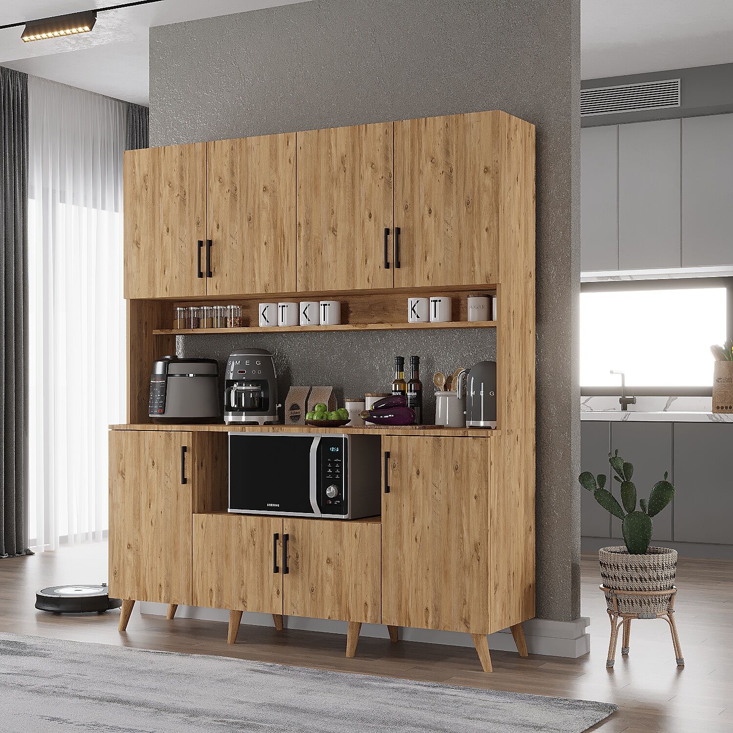 Nora Kahve Köşesi Çok Amaçlı Dolap Kiler Mutfak Dolabı Çam Ücretsiz Kurulum Ölçü Seçenekli