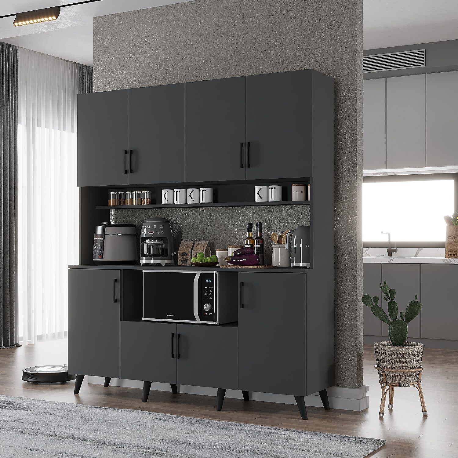 Nora Kahve Köşesi Çok Amaçlı Dolap Kiler Mutfak Dolabı Füme Ücretsiz Kurulum Ölçü Seçenekli