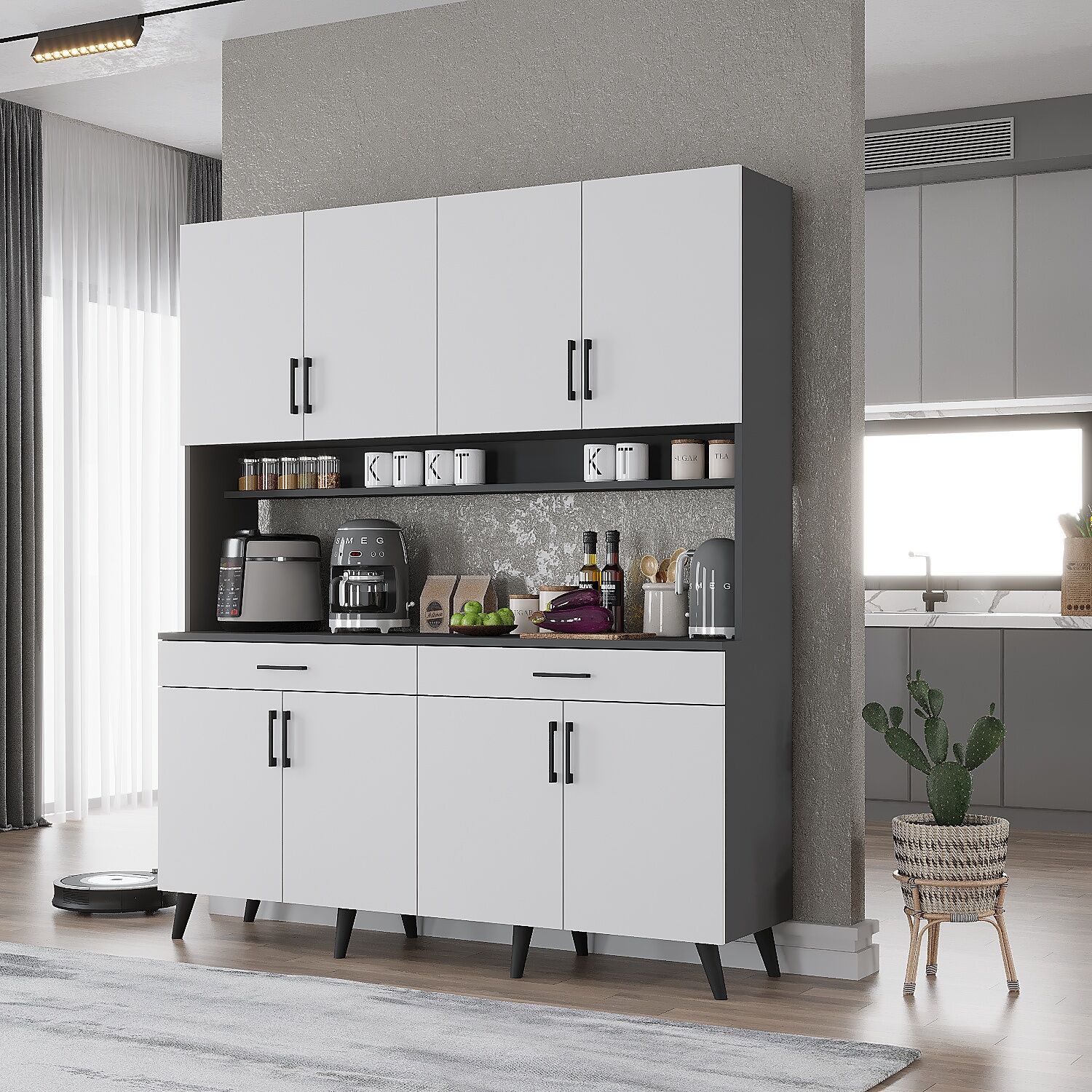 Denze Kahve Köşesi Çok Amaçlı Dolap Kiler Mutfak Dolabı Füme Beyaz Ücretsiz Kurulum Ölçü Seçenekli