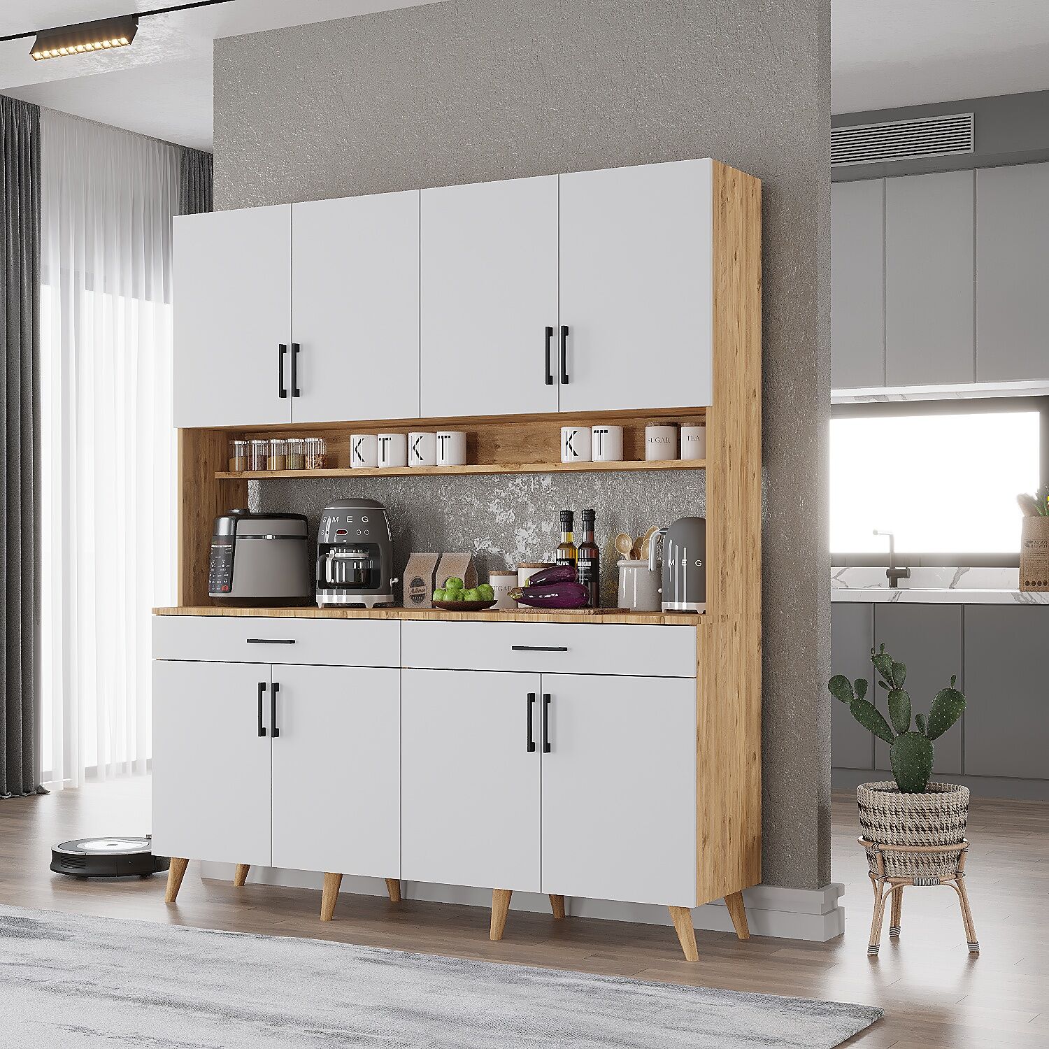 Denze Kahve Köşesi Çok Amaçlı Dolap Kiler Mutfak Dolabı Çam Beyaz Ücretsiz Kurulum Ölçü Seçenekli