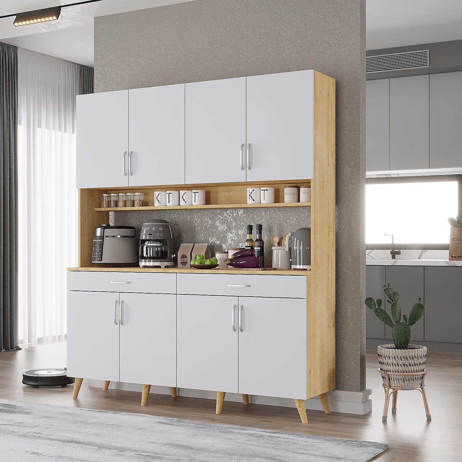 Denze Kahve Köşesi Çok Amaçlı Dolap Kiler Mutfak Dolabı Meşe Beyaz Ücretsiz Kurulum Ölçü Seçenekli