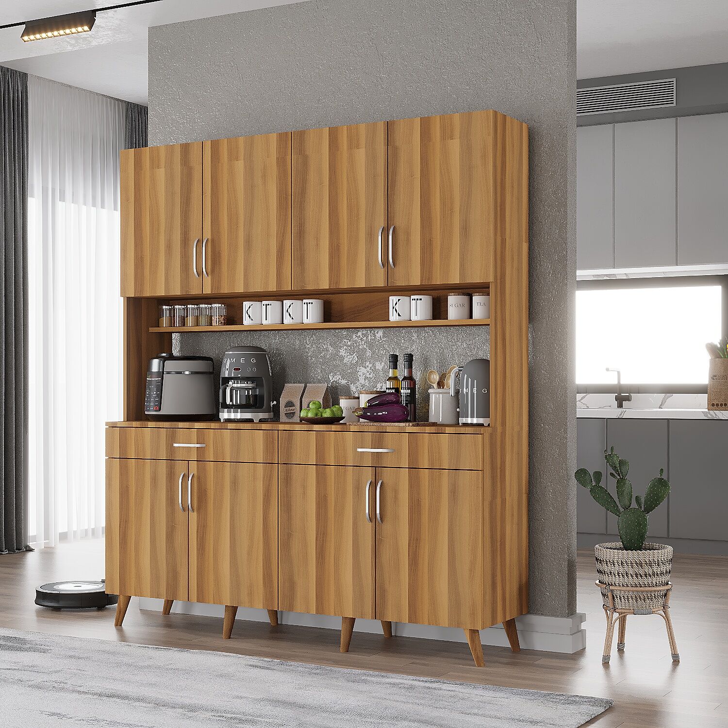 Denze Kahve Köşesi Çok Amaçlı Dolap Kiler Mutfak Dolabı Ceviz Ücretsiz Kurulum Ölçü Seçenekli