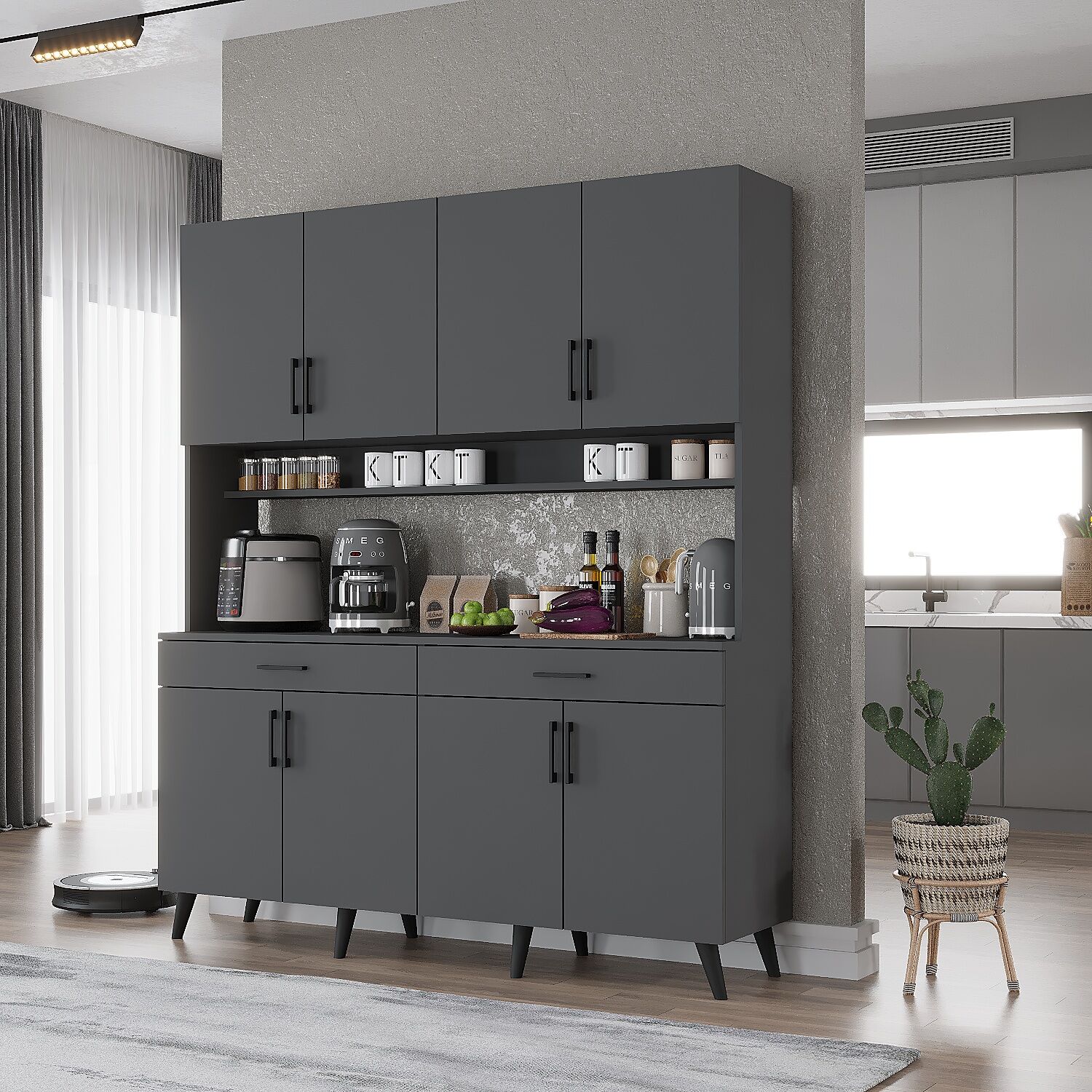 Denze Kahve Köşesi Çok Amaçlı Dolap Kiler Mutfak Dolabı Füme Ücretsiz Kurulum Ölçü Seçenekli