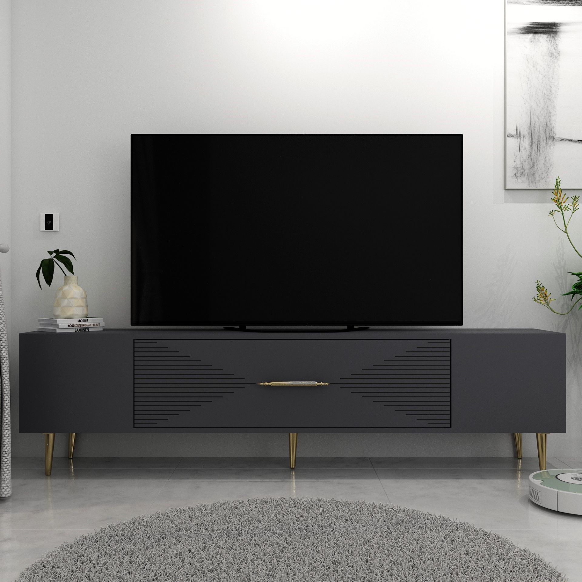 Motif Tv Sehpası Tv Ünitesi Antrasit Altın