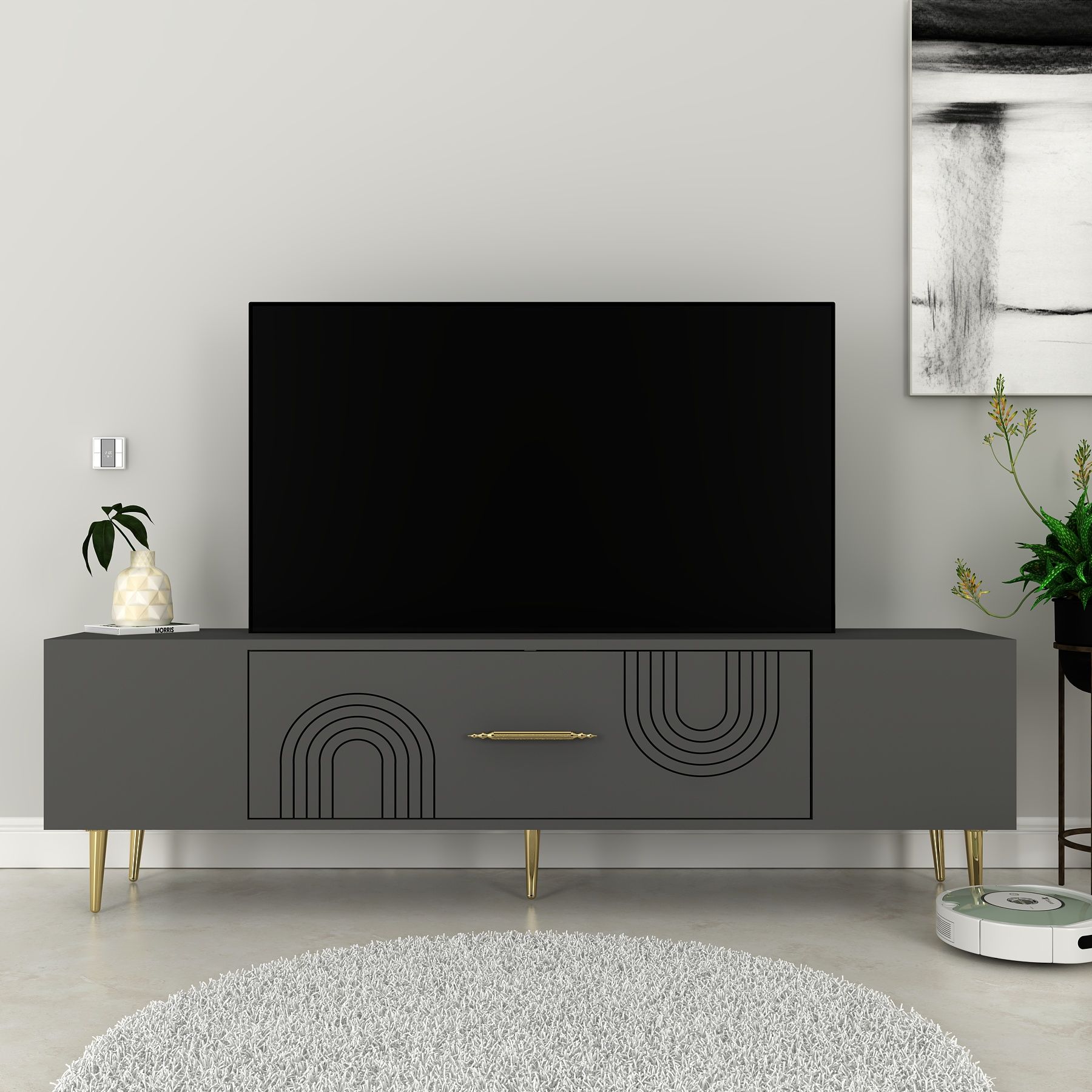 Valeria Tv Sehpası Tv Ünitesi Antrasit Altın