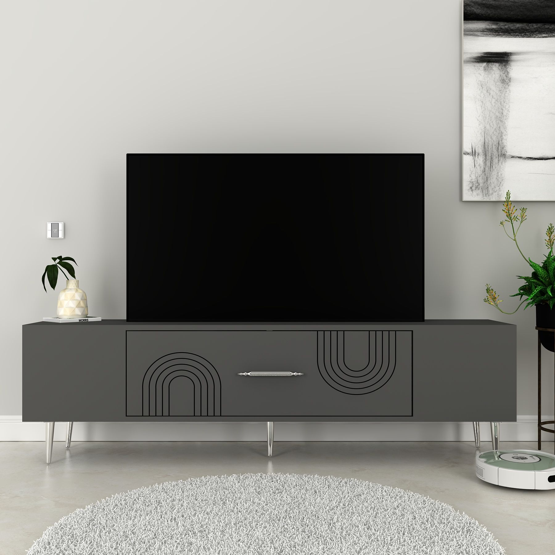 Valeria Tv Sehpası Tv Ünitesi Antrasit Gümüş