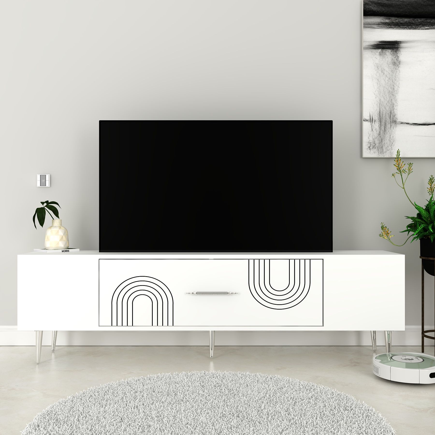 Valeria Tv Sehpası Tv Ünitesi Beyaz Gümüş