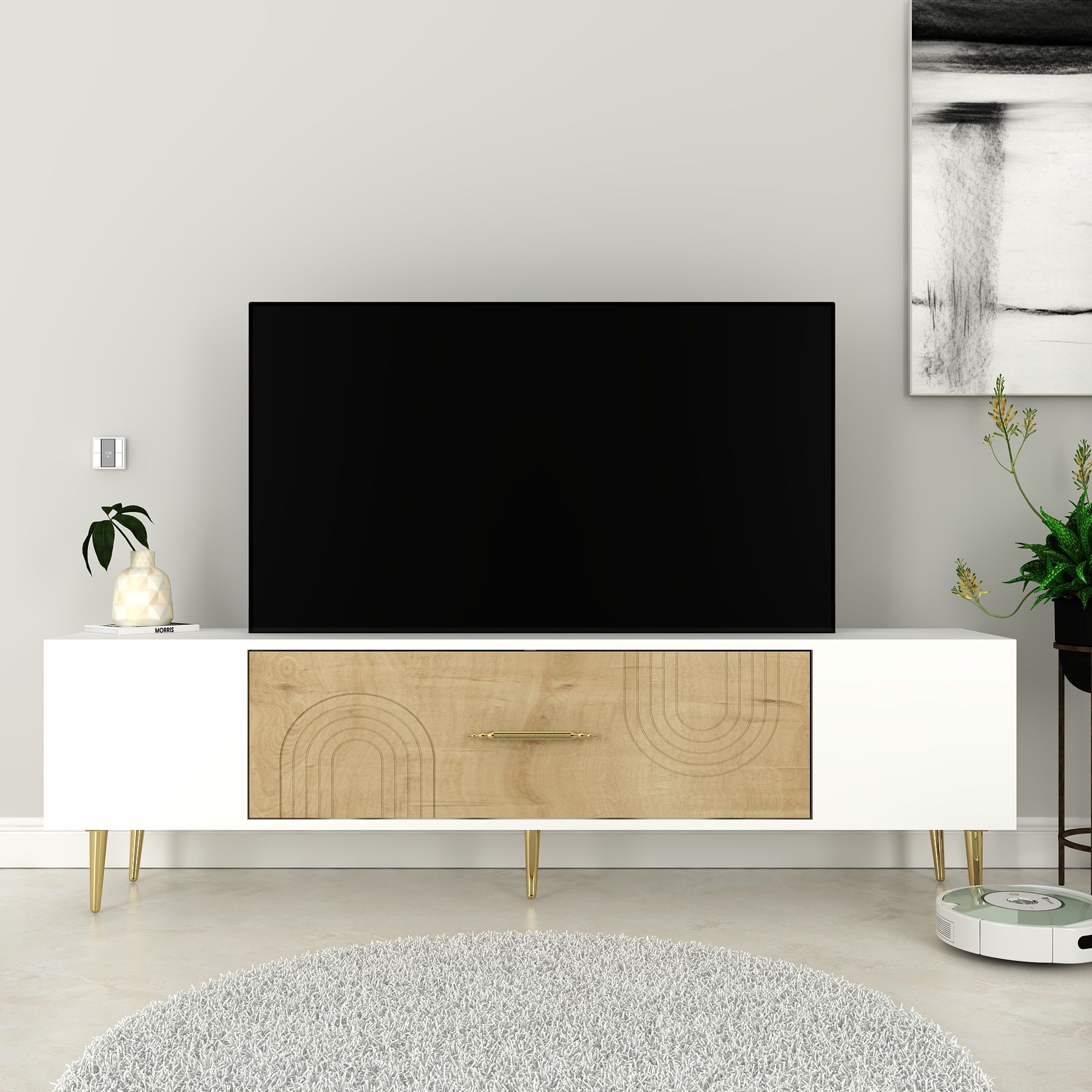 Valeria Tv Sehpası Tv Ünitesi Beyaz Safirmeşe Altın