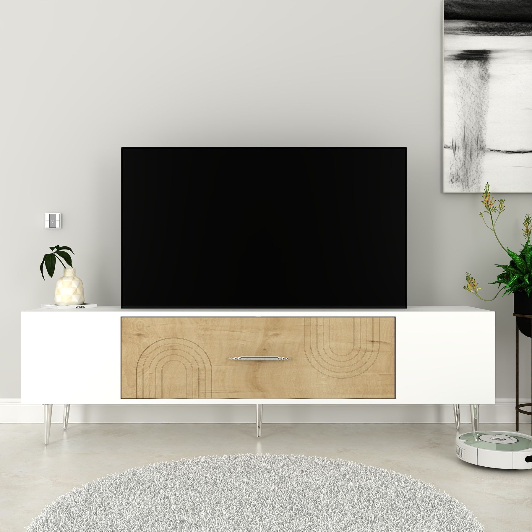 Valeria Tv Sehpası Tv Ünitesi Beyaz Safirmeşe Gümüş