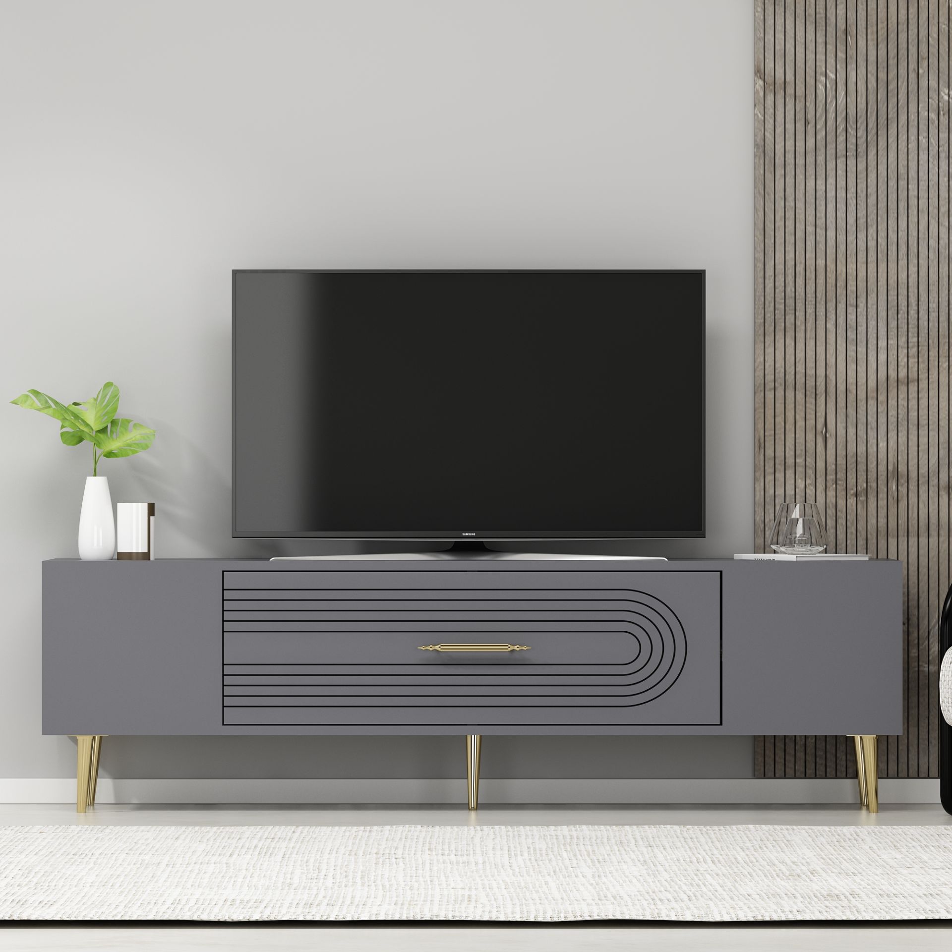 Camilla Tv Sehpası Tv Ünitesi Antrasit Altın