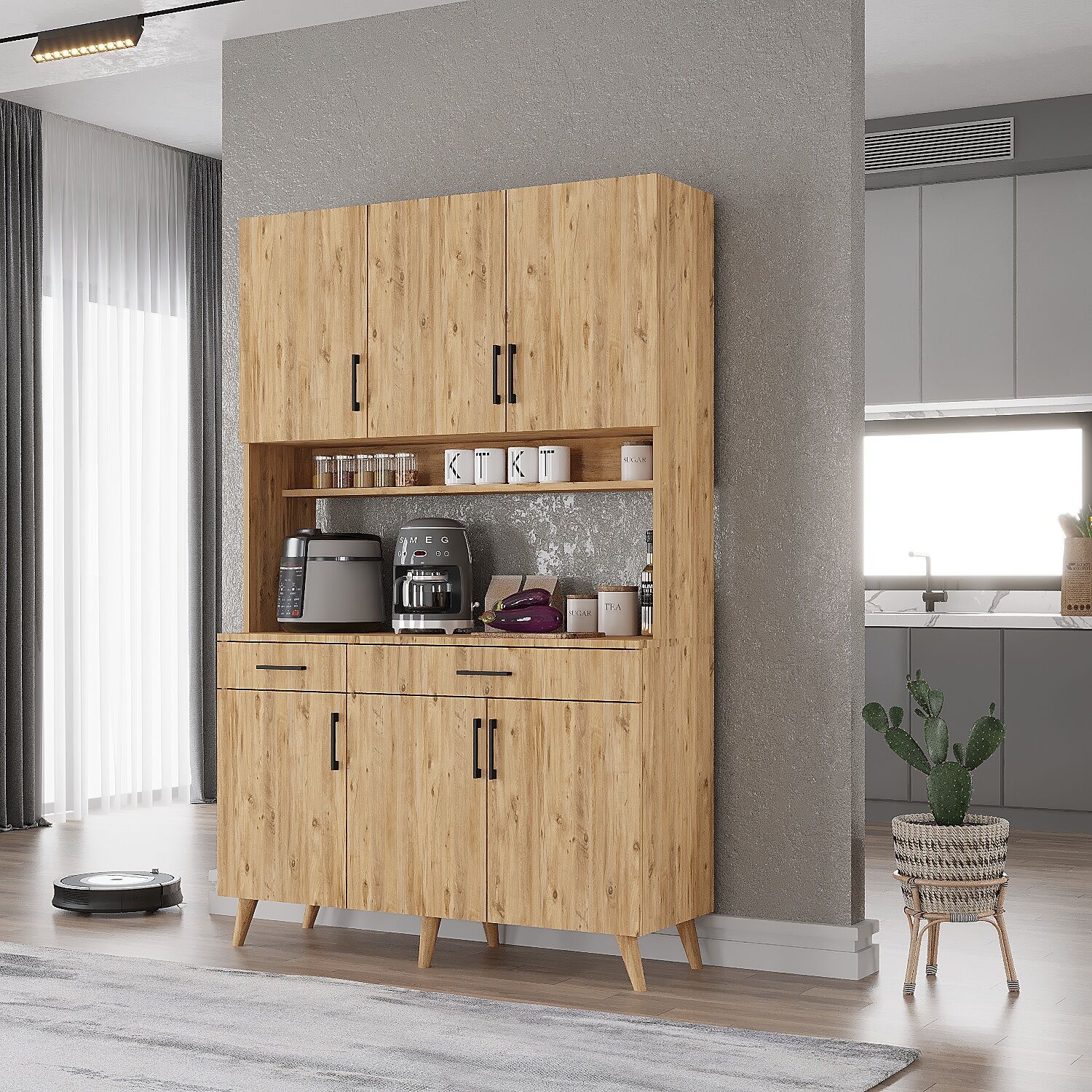 Maya Kahve Köşesi Çok Amaçlı Dolap Kiler Mutfak Dolabı Çam Ücretsiz Kurulum Ölçü Seçenekli