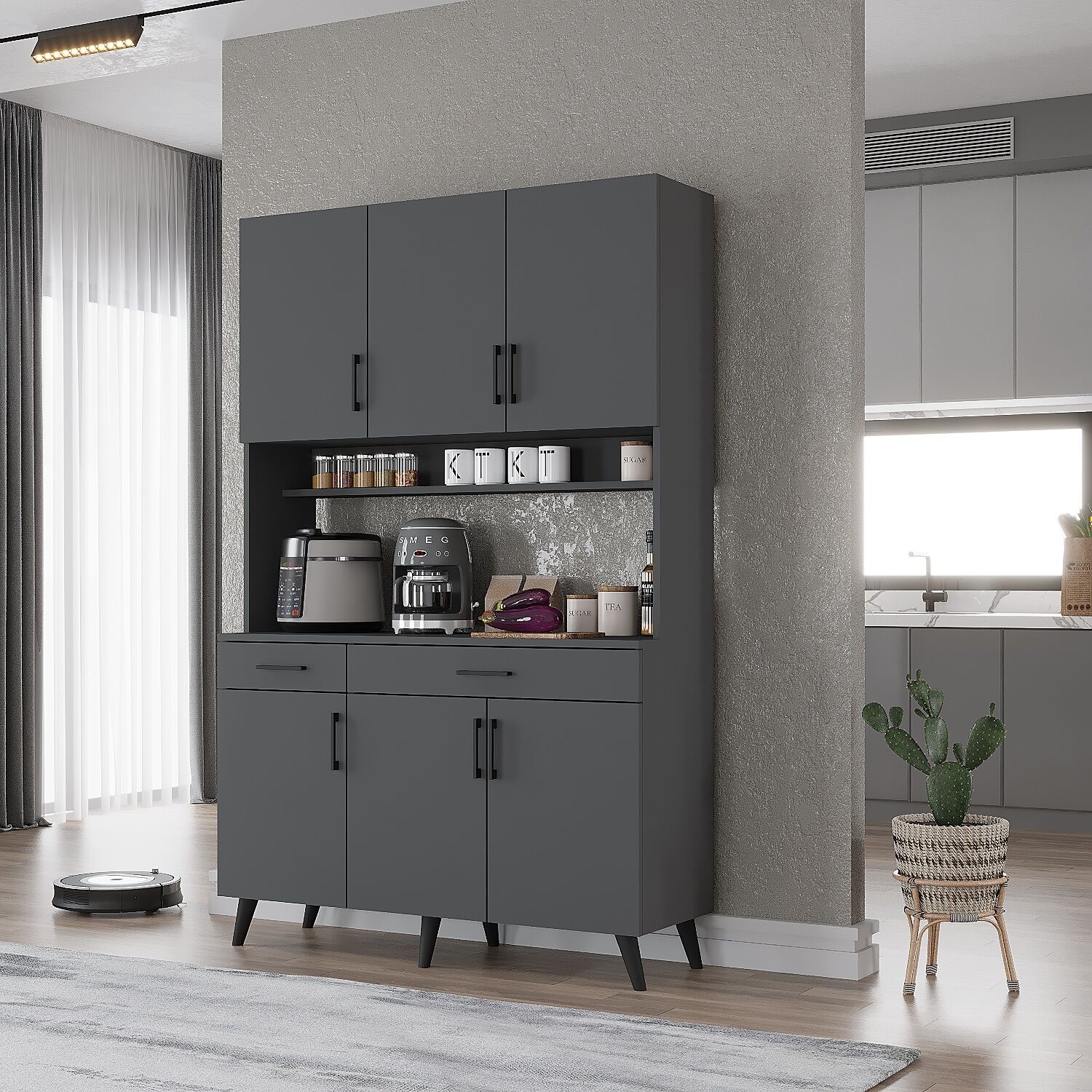 Maya Kahve Köşesi Çok Amaçlı Dolap Kiler Mutfak Dolabı Füme Ücretsiz Kurulum Ölçü Seçenekli