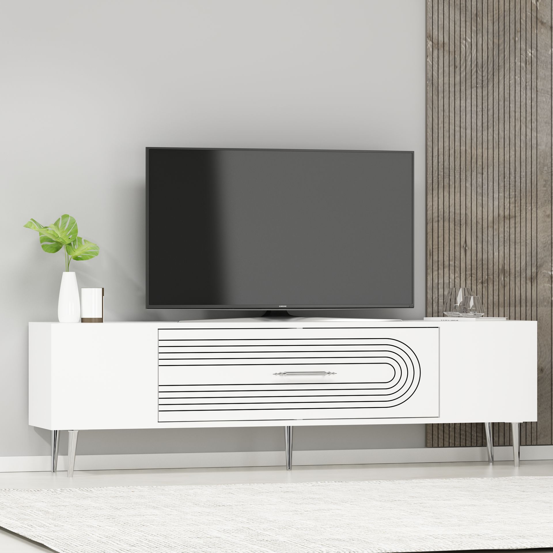 Camilla Tv Sehpası Tv Ünitesi Beyaz Gümüş