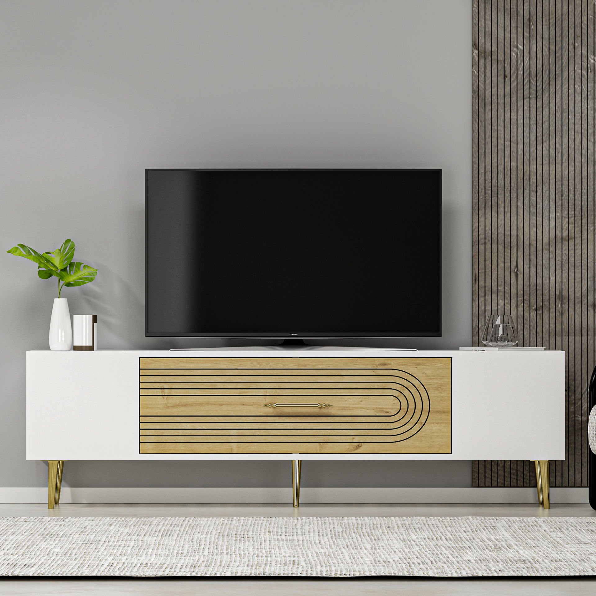Camilla Tv Sehpası Tv Ünitesi Beyaz Safirmeşe Altın