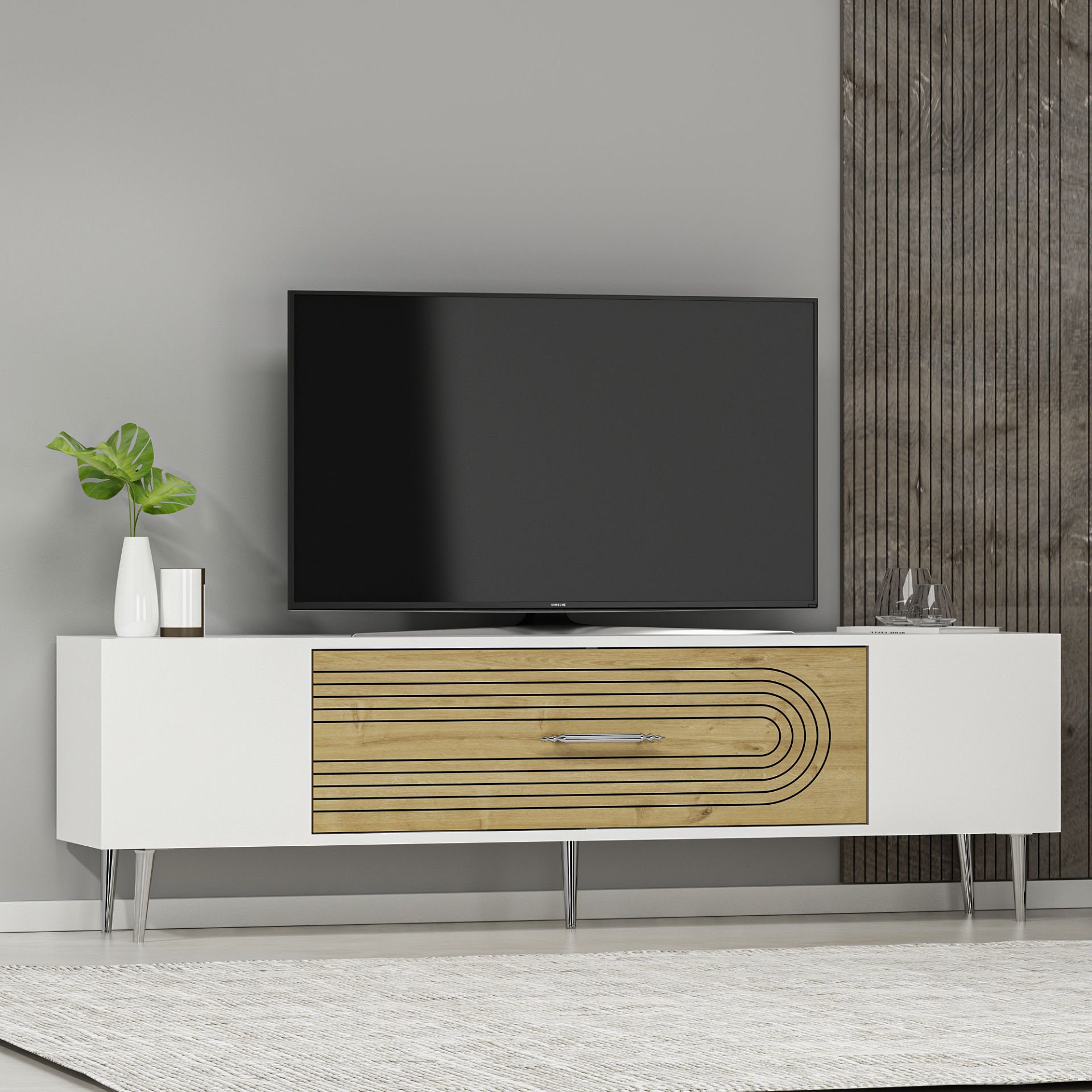 Camilla Tv Sehpası Tv Ünitesi Beyaz Safirmeşe Gümüş