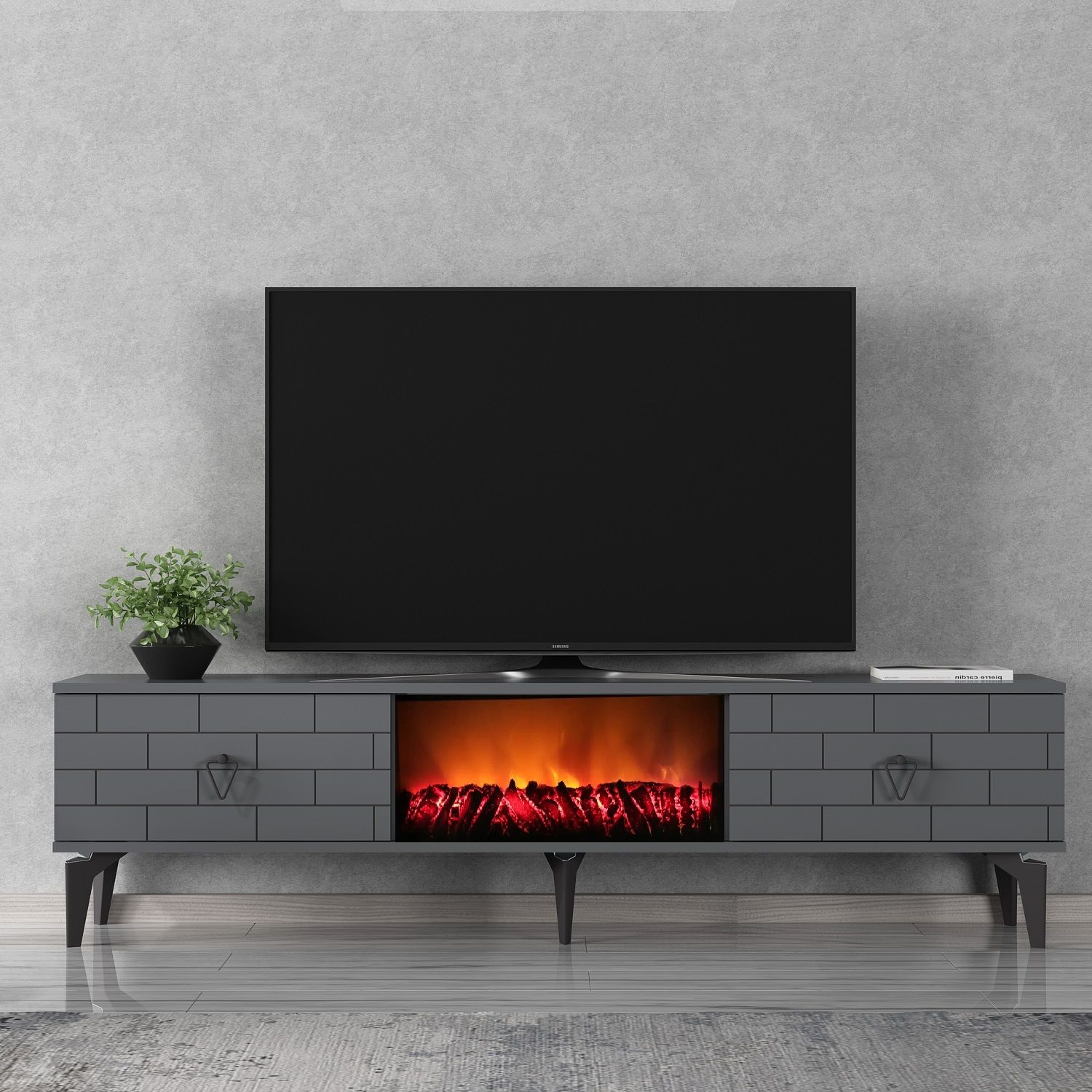 Volcanos Şömineli Tv Sehpası Tv Ünitesi Antrasit