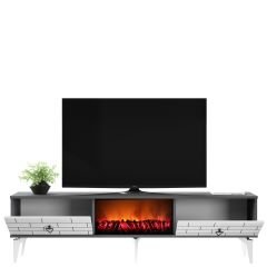 Volcanos Şömineli Tv Sehpası Tv Ünitesi Antrasit Beyaz