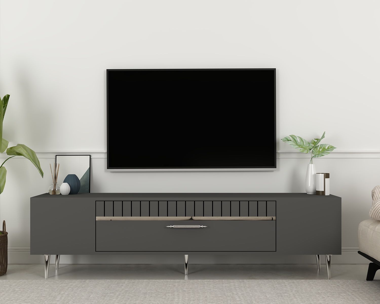Bakü  Tv Sehpası Tv Ünitesi Antrasit Gümüş
