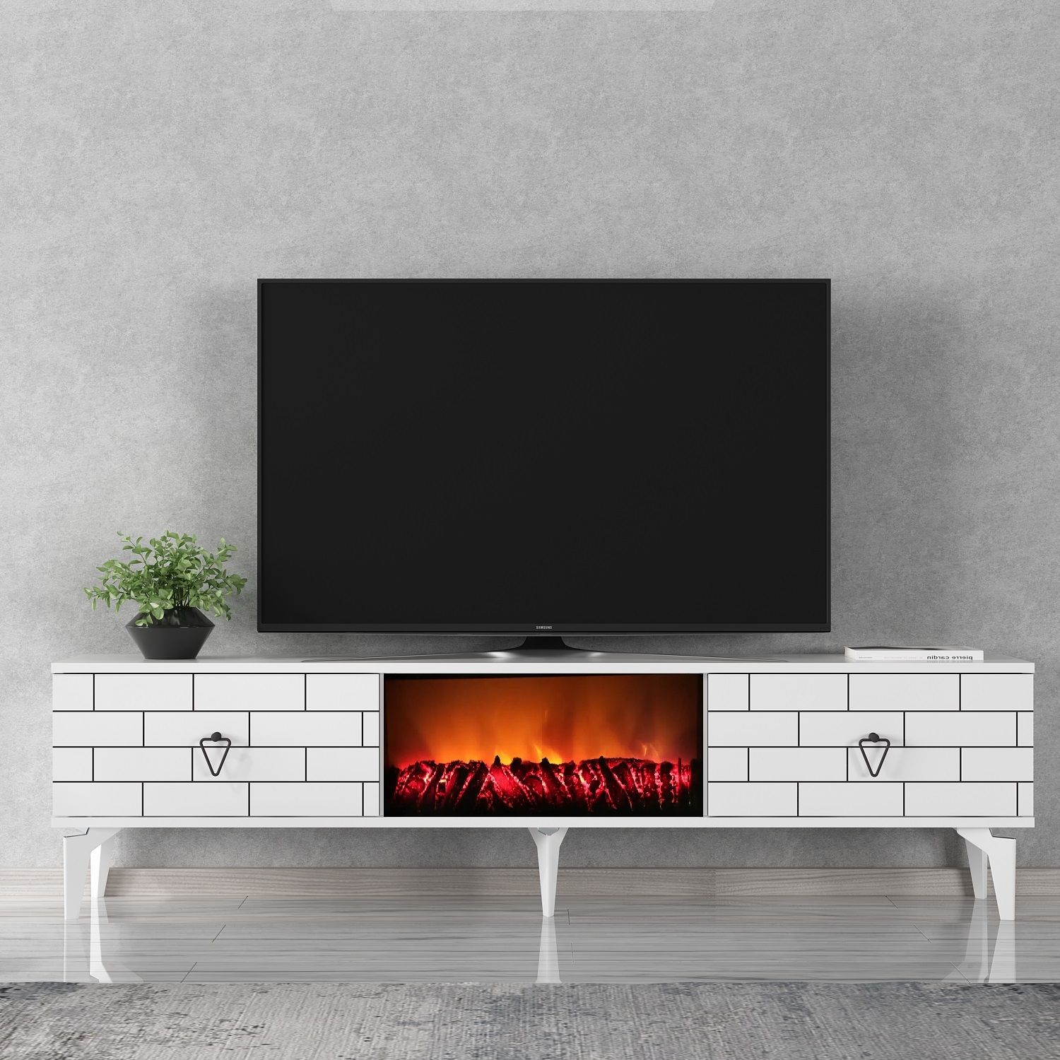 Volcanos Şömineli Tv Sehpası Tv Ünitesi Beyaz