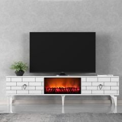 Volcanos Şömineli Tv Sehpası Tv Ünitesi Beyaz