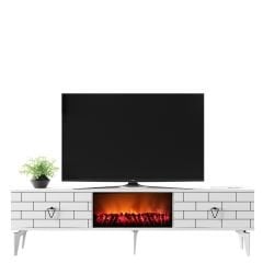 Volcanos Şömineli Tv Sehpası Tv Ünitesi Beyaz