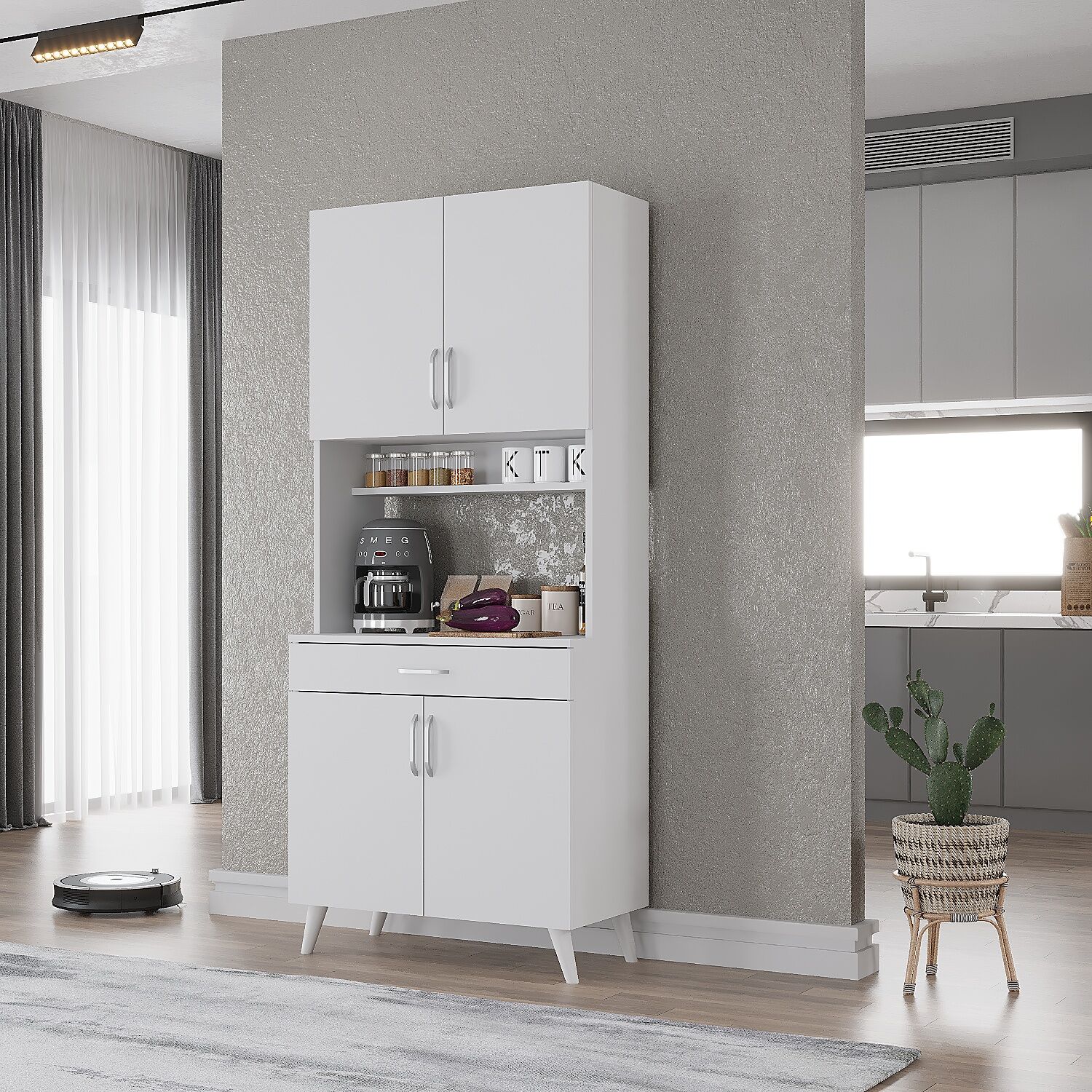 Loysen Kahve Köşesi Çok Amaçlı Dolap Kiler Mutfak Dolabı Beyaz Ücretsiz Kurulum