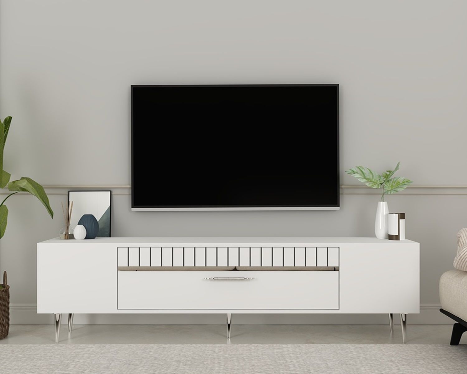 Bakü  Tv Sehpası Tv Ünitesi Beyaz Gümüş