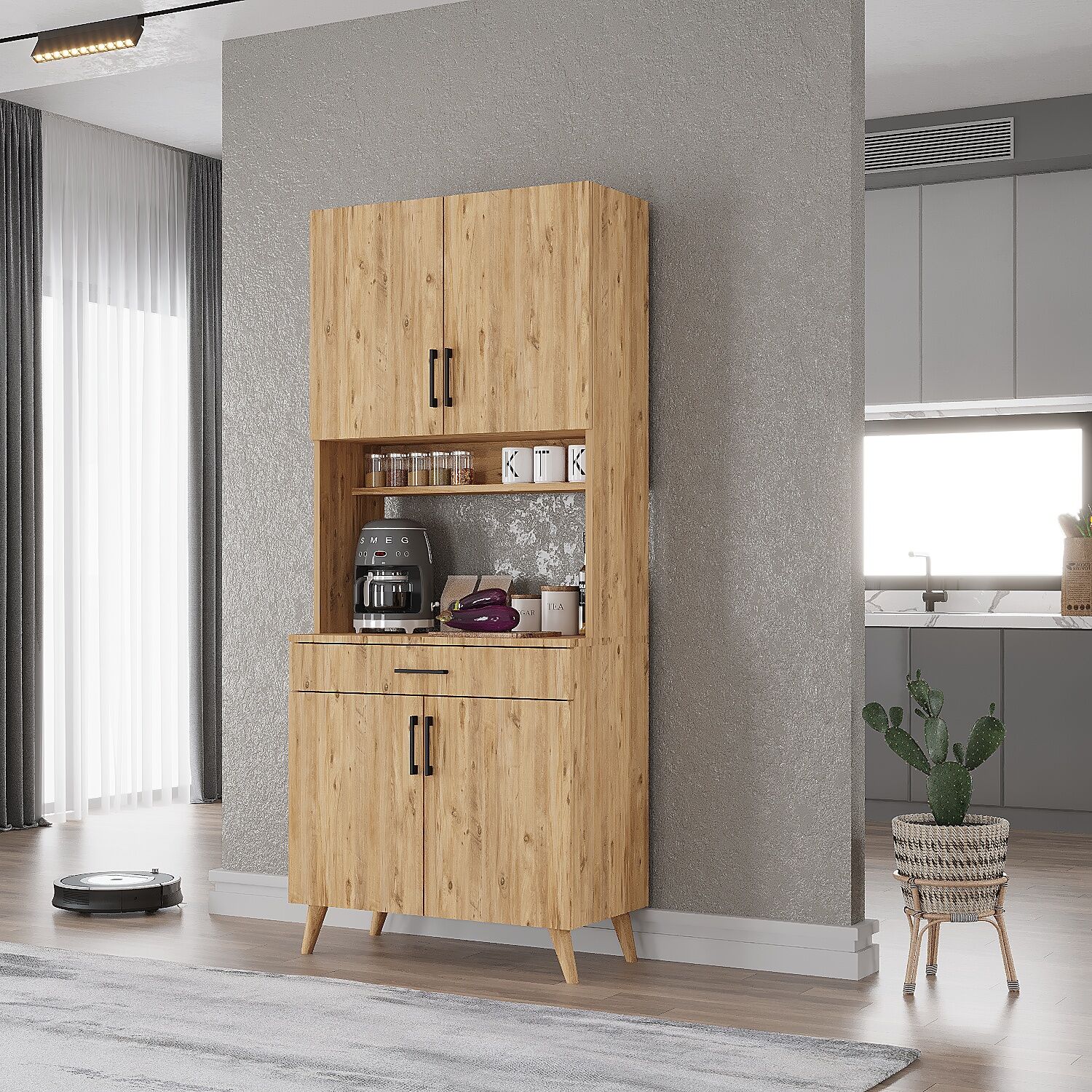 Loysen Kahve Köşesi Çok Amaçlı Dolap Kiler Mutfak Dolabı Çam Ücretsiz Kurulum