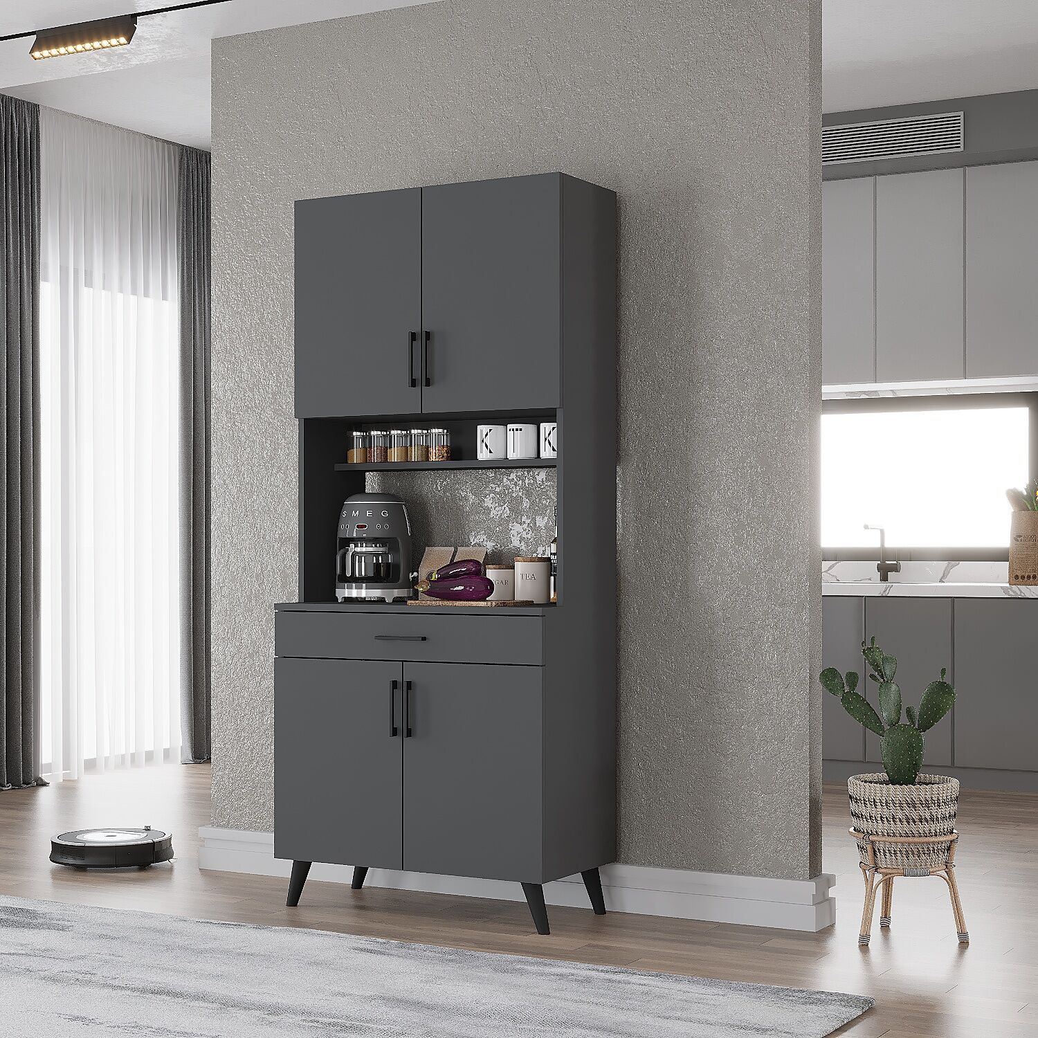 Loysen Kahve Köşesi Çok Amaçlı Dolap Kiler Mutfak Dolabı Füme Ücretsiz Kurulum