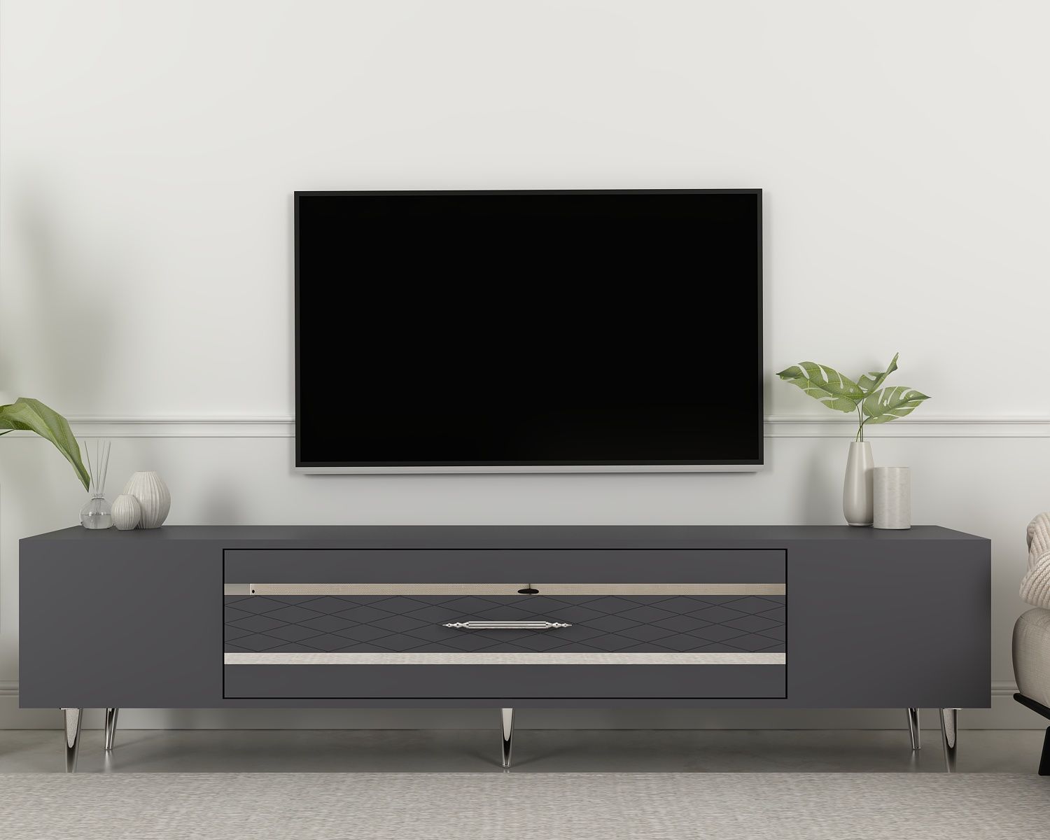 Aşkabat Tv Sehpası Tv Ünitesi Antrasit Gümüş