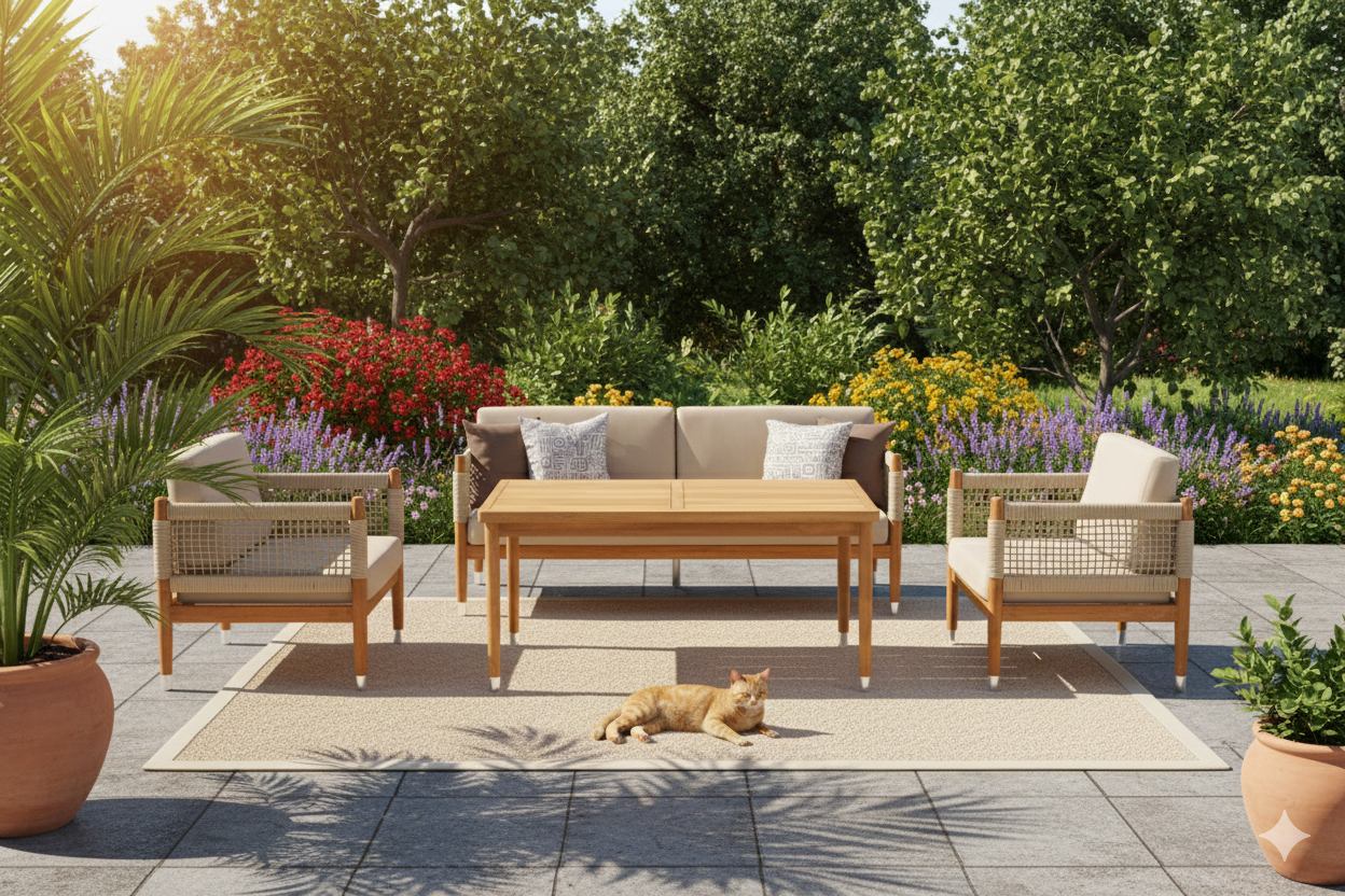 Estella Masif Ahşap İroko Ağacı Bahçe Balkon Oturma Grubu 3+1+1+Masa