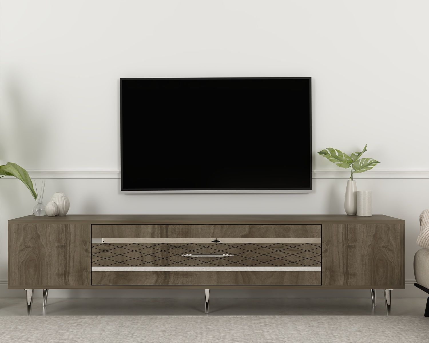 Aşkabat Tv Sehpası Tv Ünitesi Ceviz Gümüş
