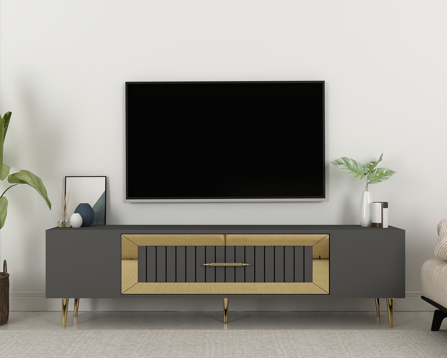 Lahor Tv Sehpası Tv Ünitesi Antrasit Altın