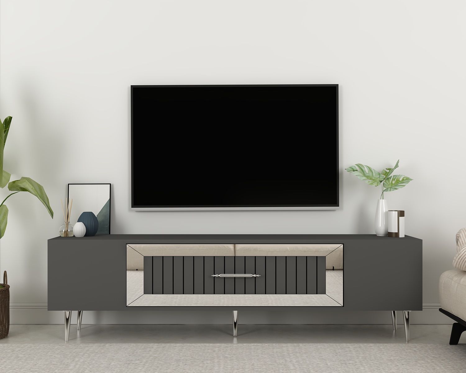 Lahor Tv Sehpası Tv Ünitesi Antrasit Gümüş
