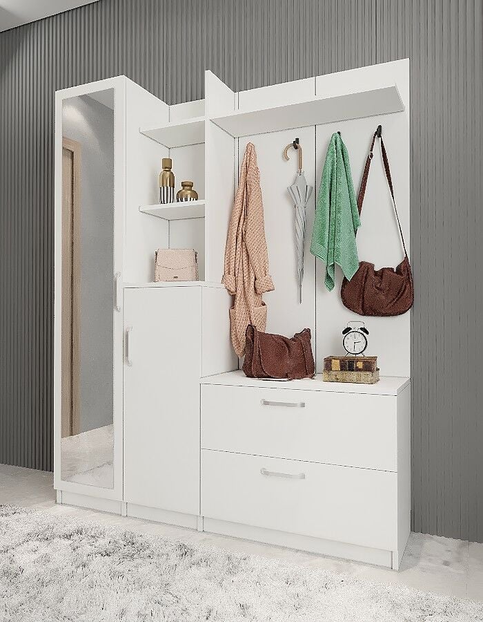 Çizgi Portmanto Vestiyer Ayakkabılık  Beyaz -Ücretsiz Kurulum