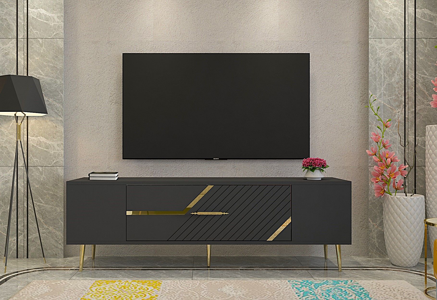 Ufa Tv Sehpası Tv Ünitesi Antrasit Altın
