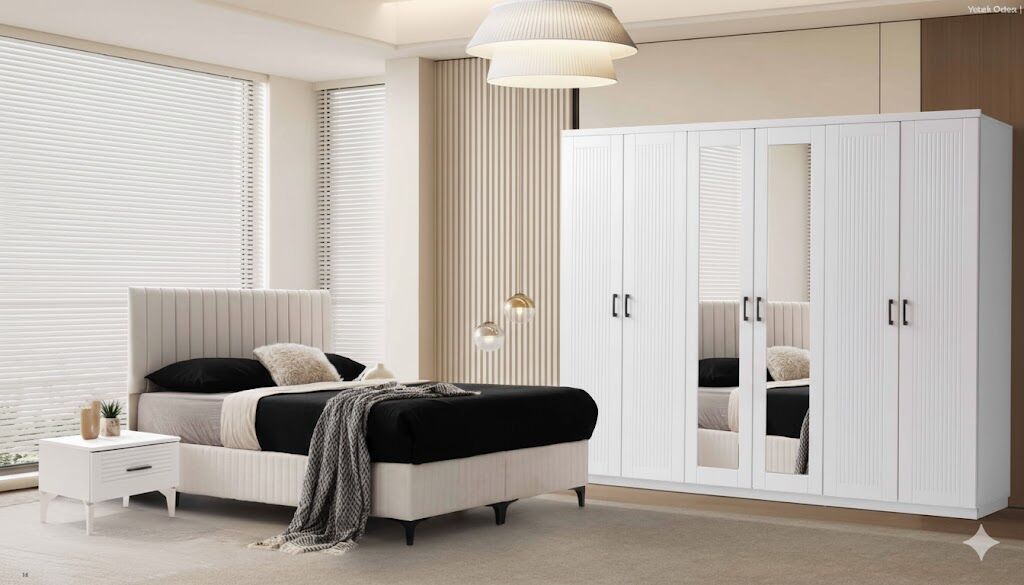 Lilyum Tamamı Mdf 6 Kapaklı Membran Gardırop ve Yatak Odası Takımı - Kurulum Dahil