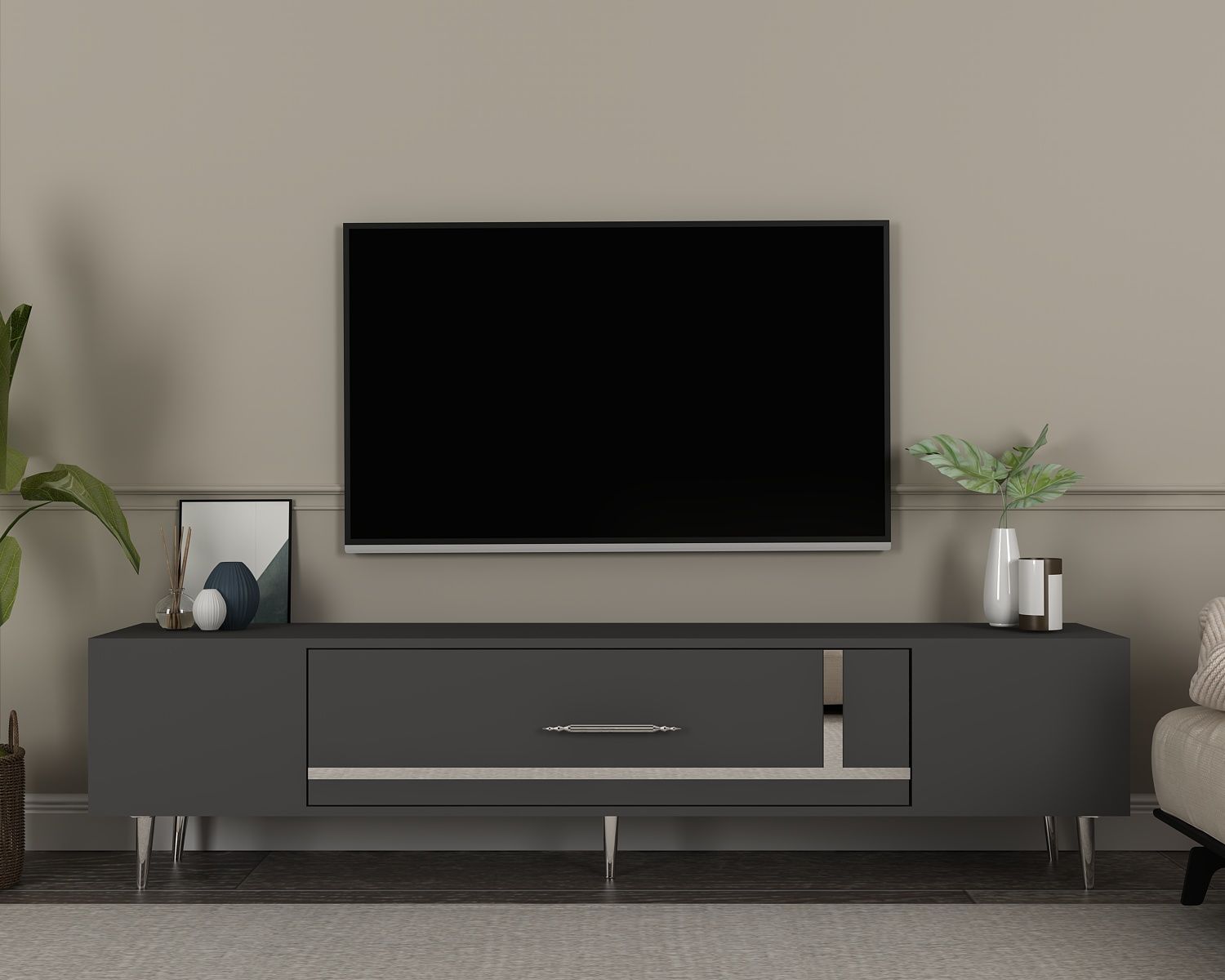 Şuşa Tv Sehpası Tv Ünitesi Antrasit Gümüş