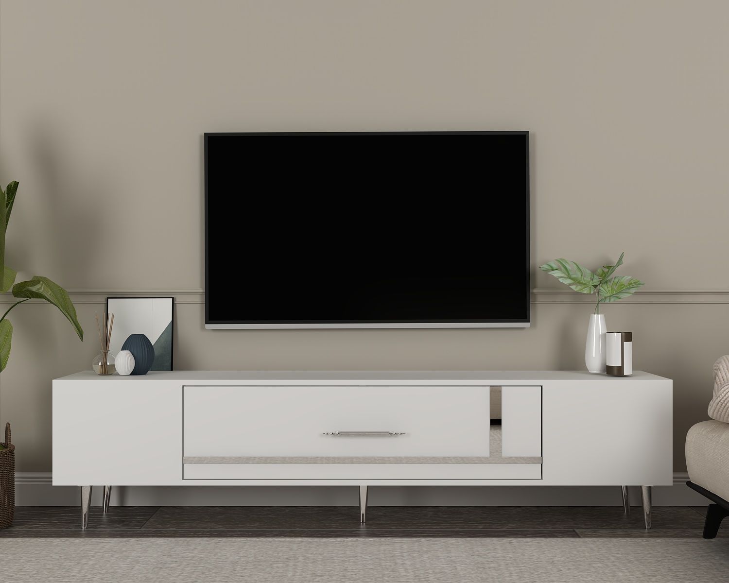 Şuşa Tv Sehpası Tv Ünitesi Beyaz Gümüş