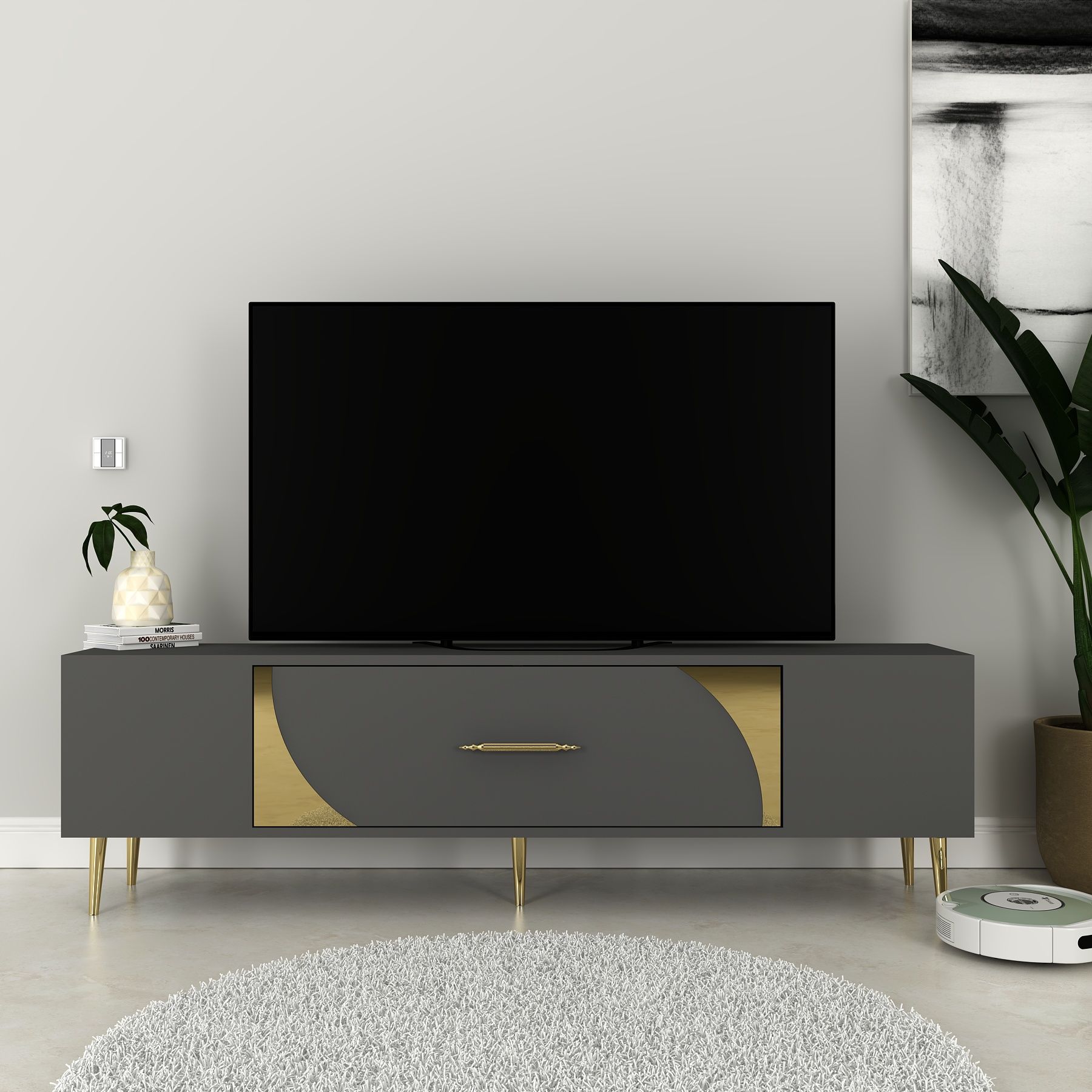 Şeki Tv Sehpası Tv Ünitesi Antrasit Altın