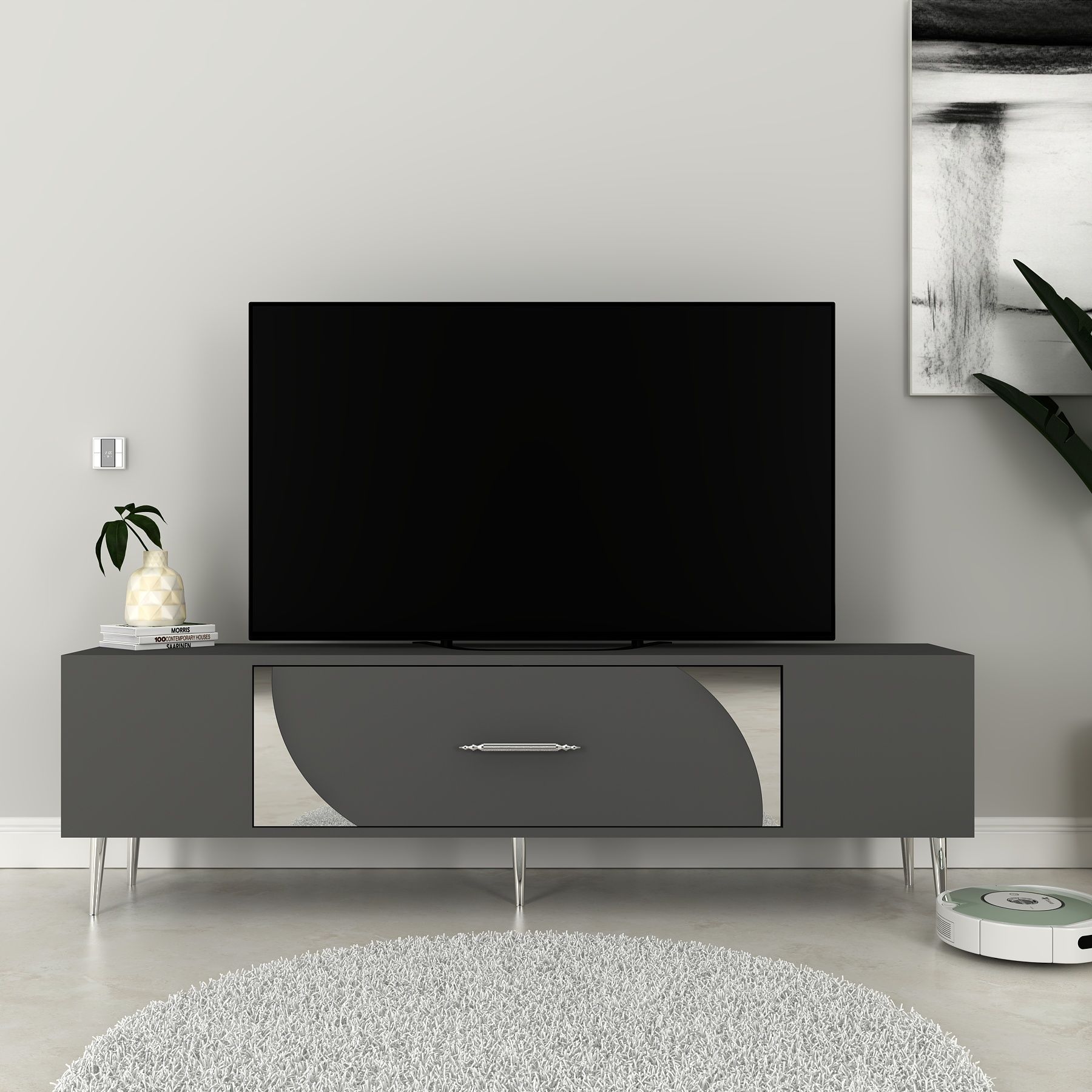 Şeki Tv Sehpası Tv Ünitesi Antrasit Gümüş