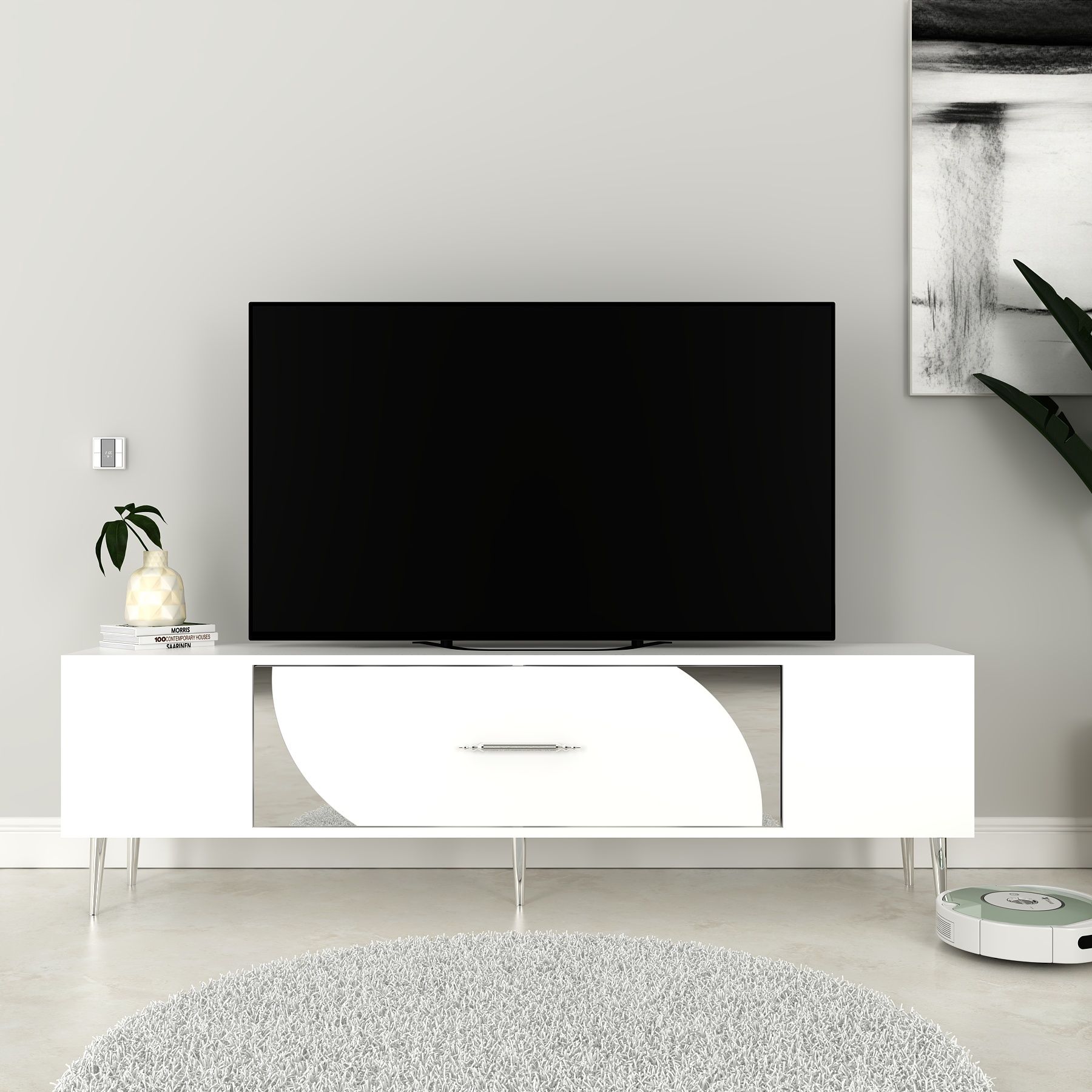 Şeki Tv Sehpası Tv Ünitesi Beyaz Gümüş